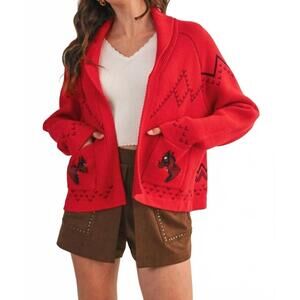 NEW &MERCI trail haven horse cardigan in red